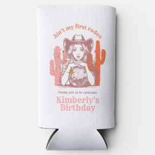 Retro Pink Cowgirl Disco Ball Birthday Party Seltzer Can Cooler