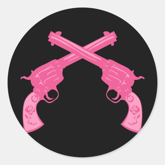 Retro Pink Crossed Pistols Classic Round Sticker (Front)