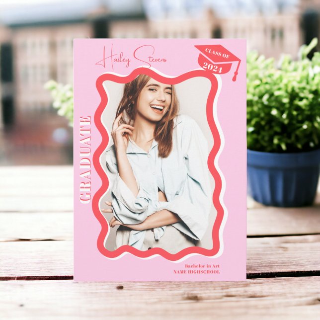 Retro pink curve squiggle wavy photo graduation announcement (Retro pink curve squiggle wavy photo graduation announcement)
