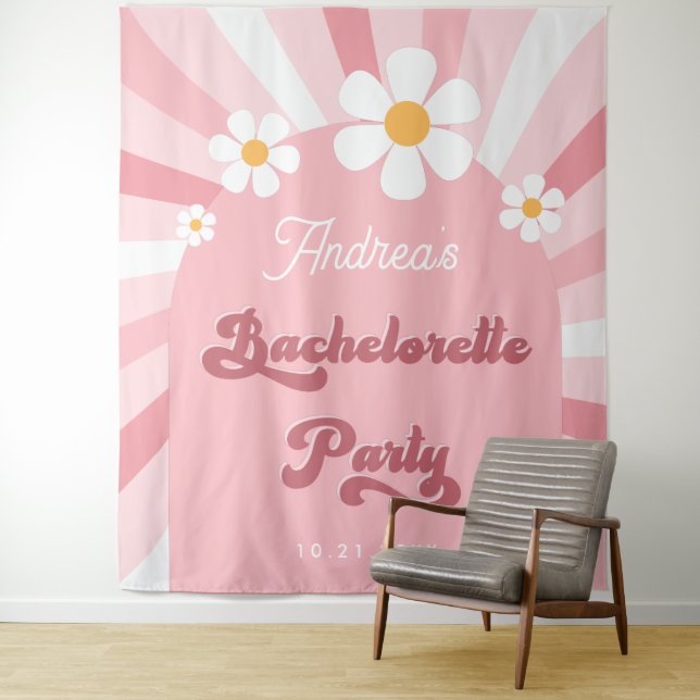 Retro Pink Daisy 70s Bachelorette Party Backdrop Tapestry (In Situ)