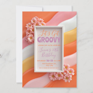 Retro Pink Daisy and Orange Gummy Waves Birthday Invitation