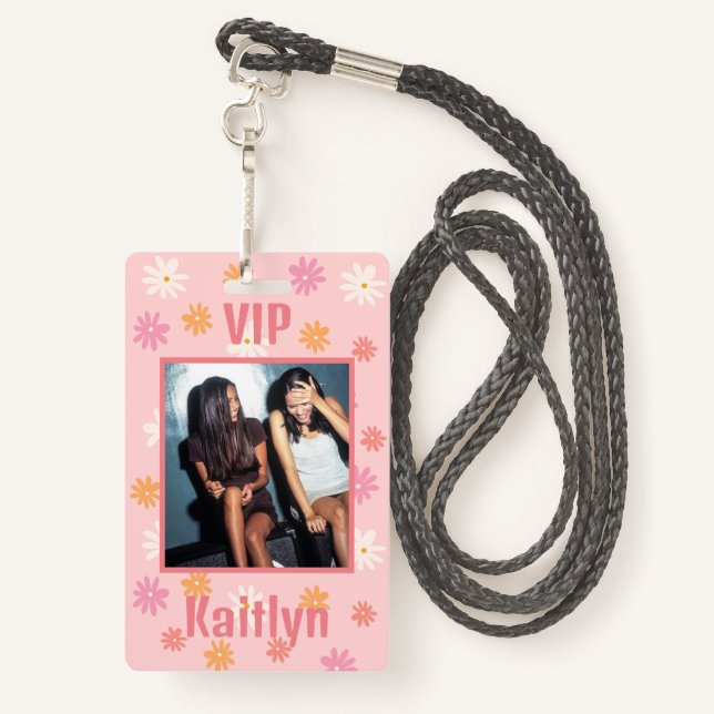 Retro Pink Daisy Bachelorette Party VIP Pass ID Badge (Back with Lanyard)