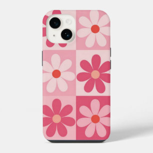 Retro Pink Daisy Chequerboard Pattern iPhone 14 Case