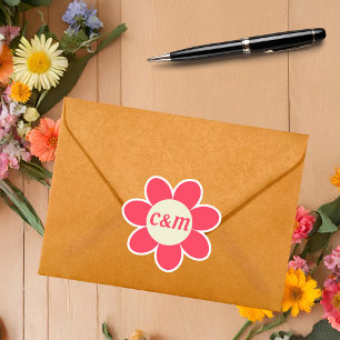 Retro Pink Daisy Floral 70's Wedding Monogram
