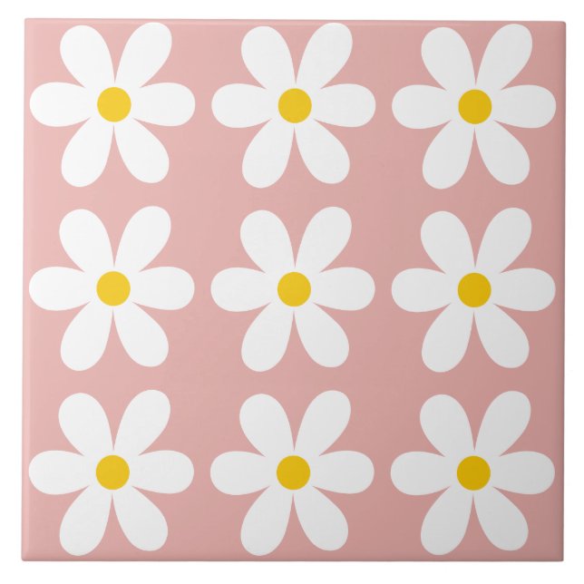 Retro Pink Daisy Floral Pattern Tile (Front)
