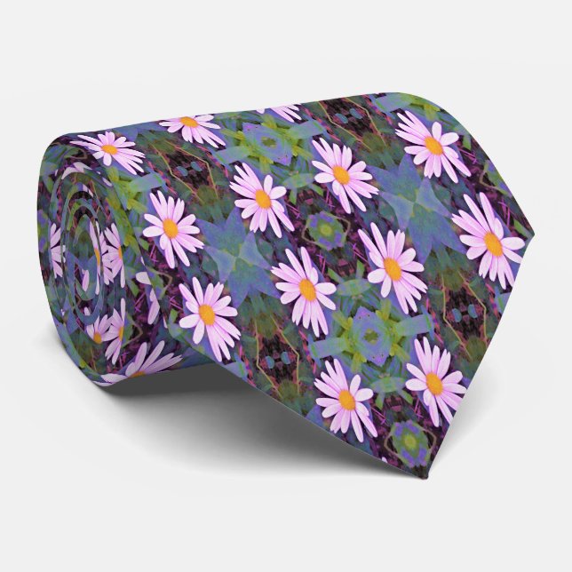 Retro Pink Daisy Flower Pattern Tie (Rolled)