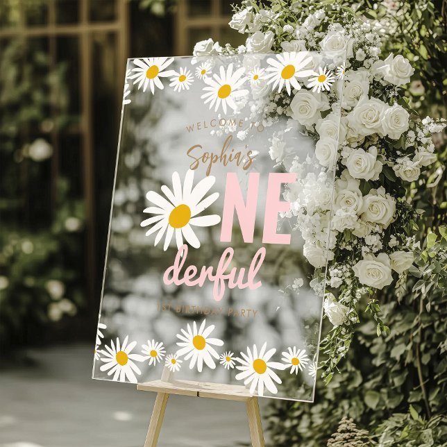Retro Pink Daisy ONEderful 1st Birthday Party Acrylic Sign (Creator Uploaded)