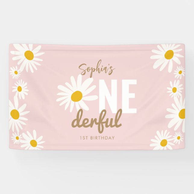Retro Pink Daisy ONEderful 1st Birthday Party Banner (Horizontal)