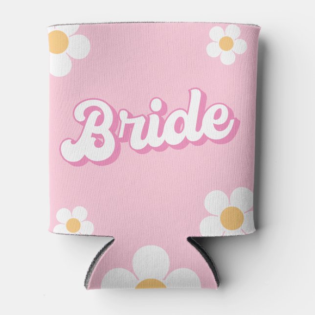 Retro Pink Daisy Personalised Bride Can Cooler (Front)