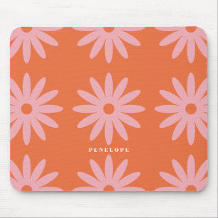 Retro Pink Daisy Print With Name Mouse Mat