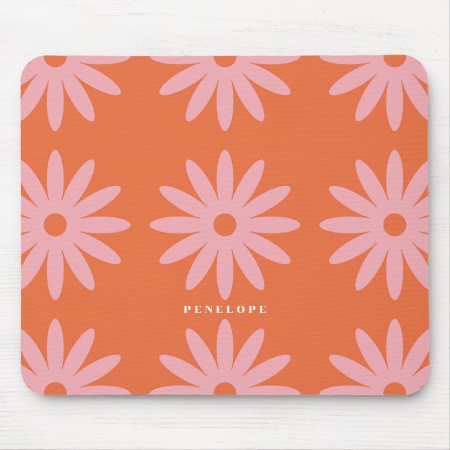 Retro Pink Daisy Print With Name Mouse Mat (Front)
