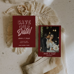 Retro Pink Deep Red Modern Unique Photo Wedding Save The Date