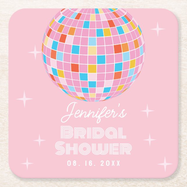 Retro Pink Disco Ball 70s 80s Themed Bridal Shower Square Paper Coaster (Front)