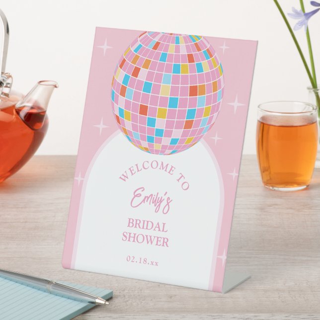 Retro Pink Disco Ball 70s Bridal Shower Welcome Pedestal Sign (In SItu)