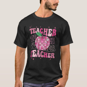 Retro Pink Disco Ball Apple Teacher Colourful Back T-Shirt