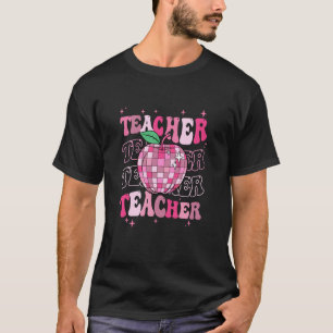 Retro Pink Disco Ball Apple Teacher Colourful Back T-Shirt