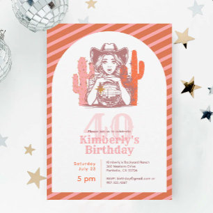 Retro Pink Disco Ball Cowgirl 40th Birthday Party Invitation