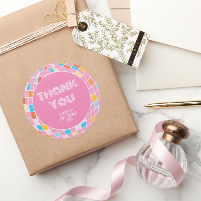 Retro Pink Disco Ball Girl Baby Shower Thank You Classic Round Sticker (Gifting)