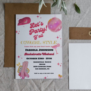 Retro Pink Disco Cowgirl Western Bachelorette  Invitation