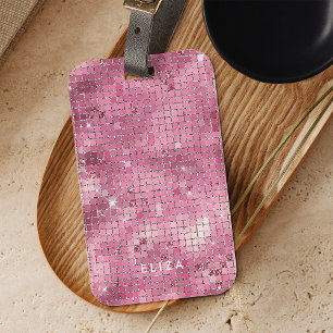 Retro Pink Disco Mirror   Monogram Luggage Tag