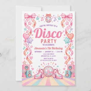 Retro Pink Disco Party Girl Bow Birthday Gingham Invitation