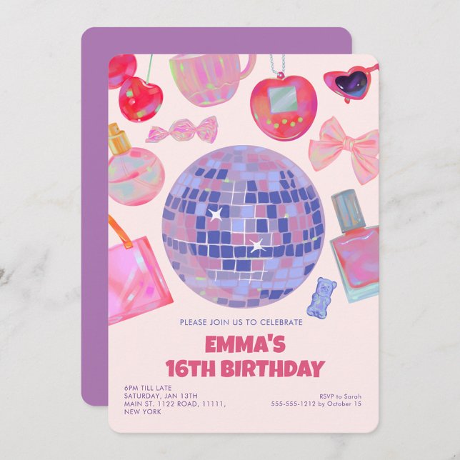 Retro Pink Disco yk2 aesthetic Sweet 16 Birthday  Invitation (Creator Uploaded)