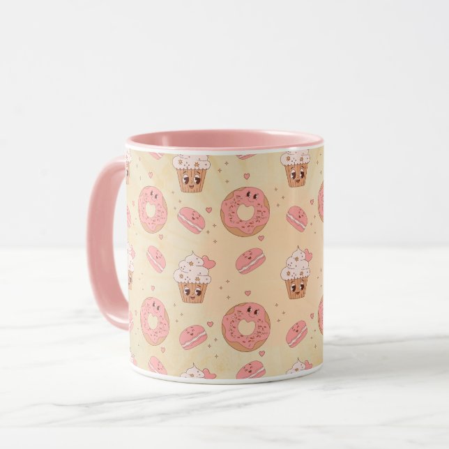 Retro Pink Doughnuts & Cupcakes Pattern Mug (Front Left)