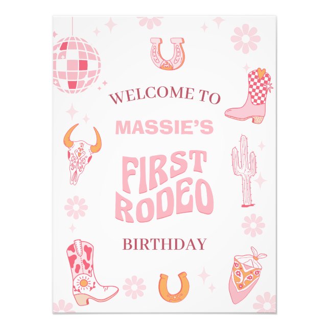 Retro Pink First Rodeo 1st Birthday Welcome Sign (Front)