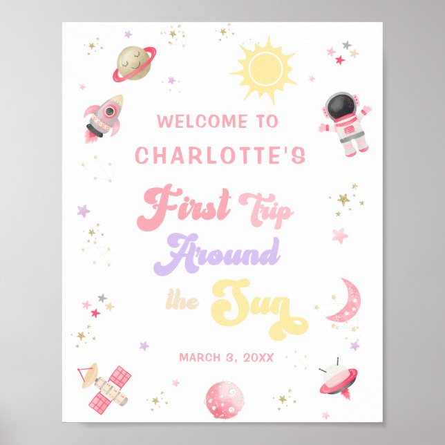 Retro Pink First Trip Around the Sun Welcome Sign (Front)
