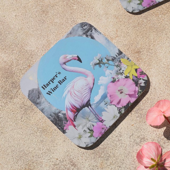 Retro Pink Flamingo Collage Coaster (Creator Uploaded)