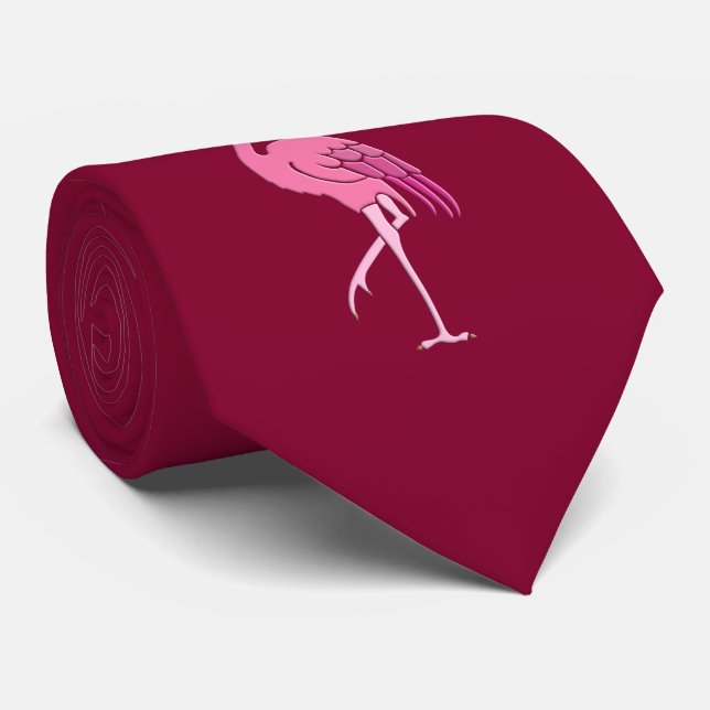 Retro Pink Flamingo on Burgundy Tie (Rolled)