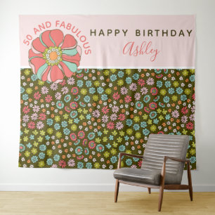 Retro Pink Floral Birthday Photo Backdrop Tapestry