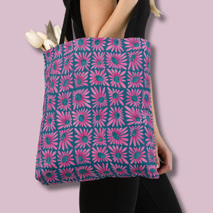 Retro Pink Floral Block Print Daisy Tote Bag