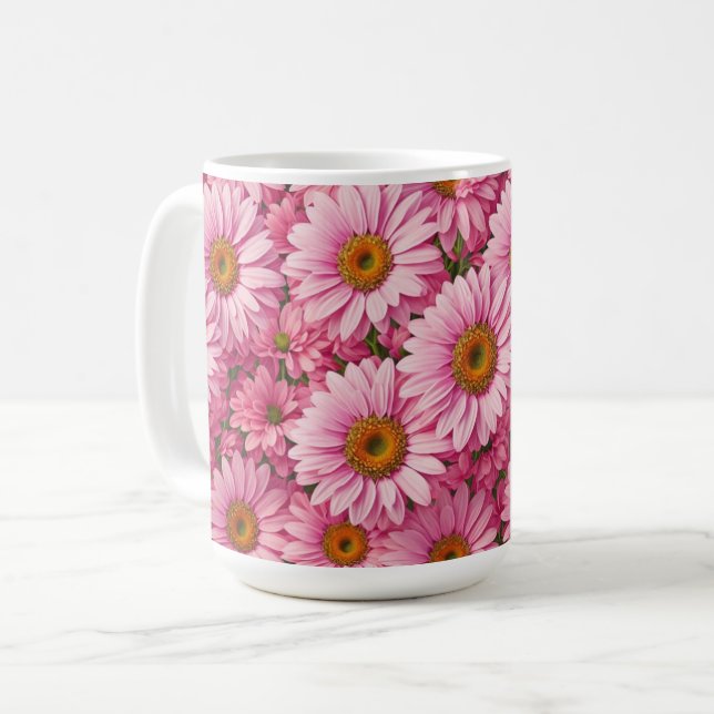 Retro pink floral daisy pattern coffee mug (Front Left)