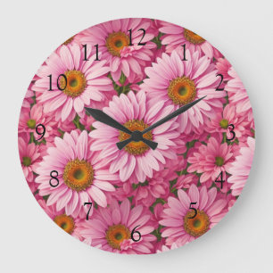 Retro pink floral daisy pattern large clock