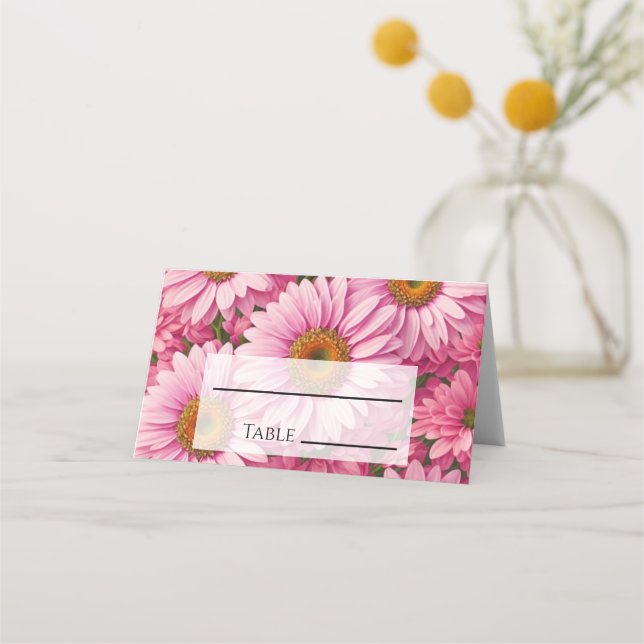 Retro pink floral daisy pattern place card (Front)
