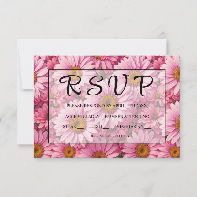 Retro pink floral daisy pattern RSVP card (Front)