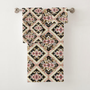 Retro Pink Floral Diamond Mid Century Modern Bath Towel Set