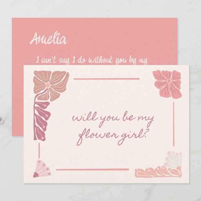 Retro Pink Floral Handwritten Flower Girl Proposal Invitation (Front/Back)