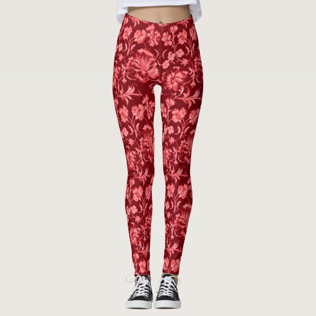 Retro Pink Floral on Maroon Leggings (Front)
