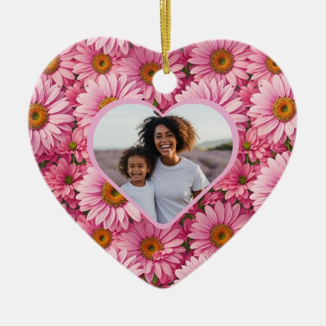 Retro pink floral pink daisies photo template  ceramic tree decoration (Front)