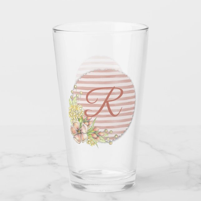 Retro Pink Floral Stripe Design Monogram Drinking Glass (Front)