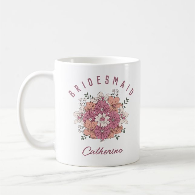 Retro Pink Flower Custom Name Bridesmaid Mug (Left)