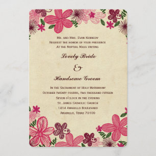 Retro Pink Flowers Catholic Wedding Invitation