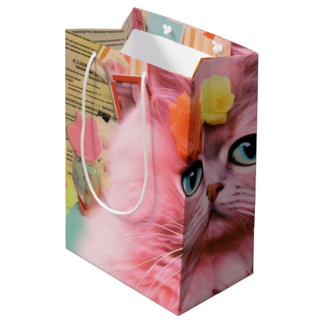 Retro Pink fluffy Cat Collage Medium Gift Bag (Back Angled)