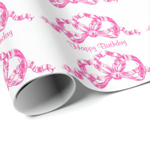 Retro Pink French Ribbon Bow Happy Birthday Wrapping Paper
