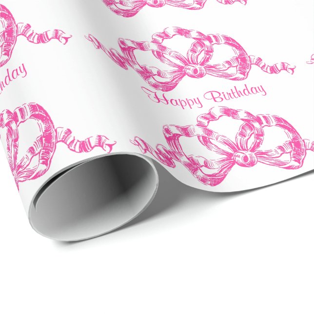 Retro Pink French Ribbon Bow Happy Birthday Wrapping Paper (Roll Corner)