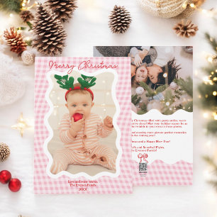 Retro Pink Gingham Merry Christmas Wavy 2 photos Holiday Card