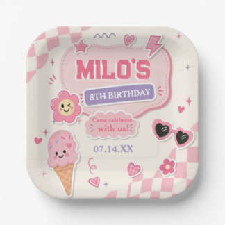 Retro Pink Girl Birthday Paper Plate