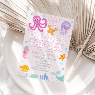 Retro Pink Girls Oneder The Sea First Birthday Invitation